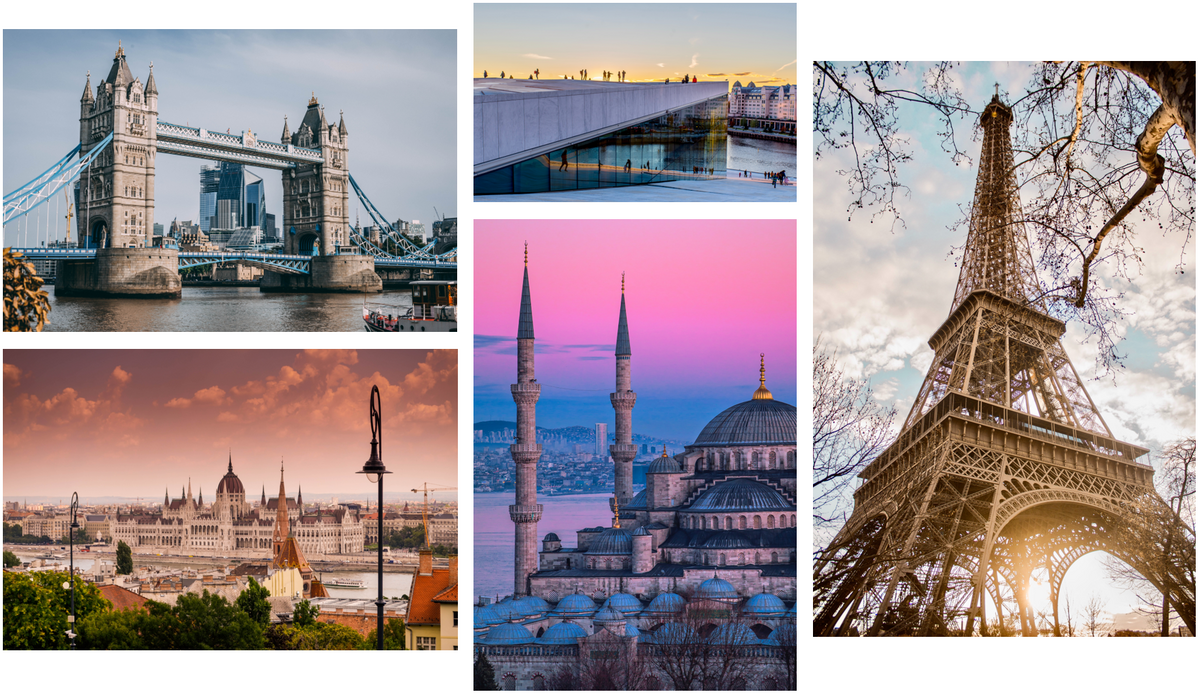 Eine Fotocollage mit Bildern aus London, Oslo, Paris, Budapest und Istanbul